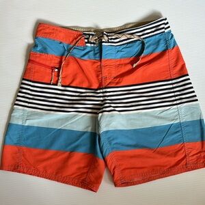 Patagonia orange, blue & white striped men’s board shorts.  Size 32